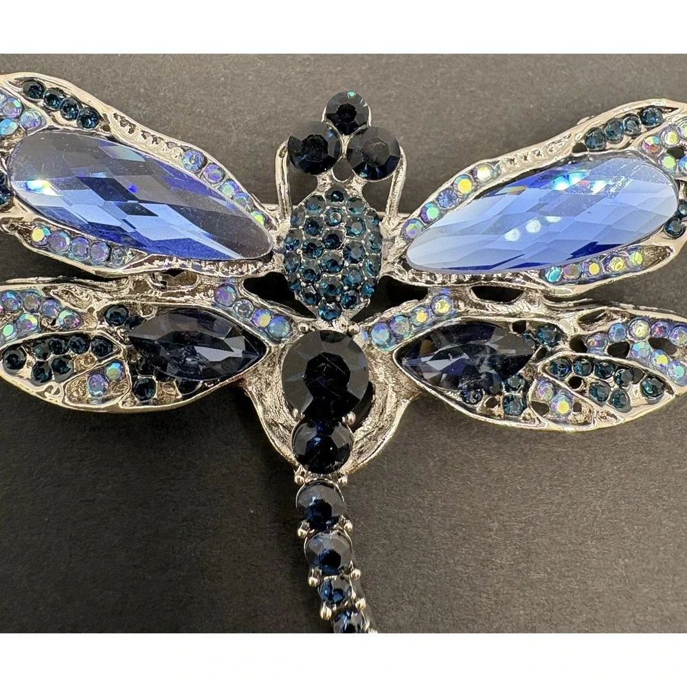 Vintage Dragonfly Bug Insect Blue Rhinestone‎ Brooch Silver Tone Sparkling